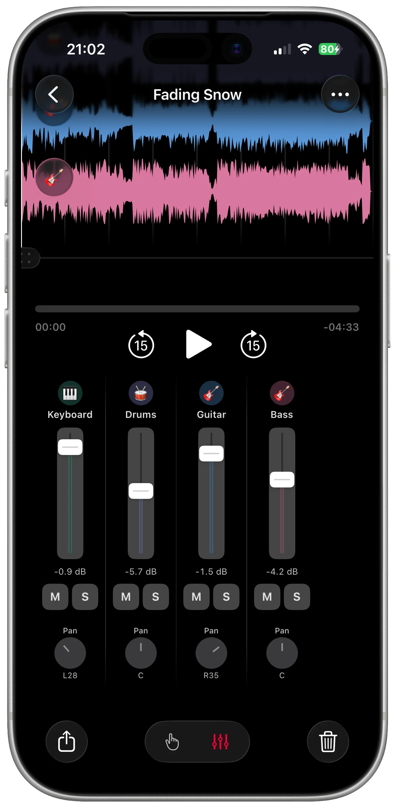 PolyMic built-in mixing: adjust levels and pan instruments from your phone