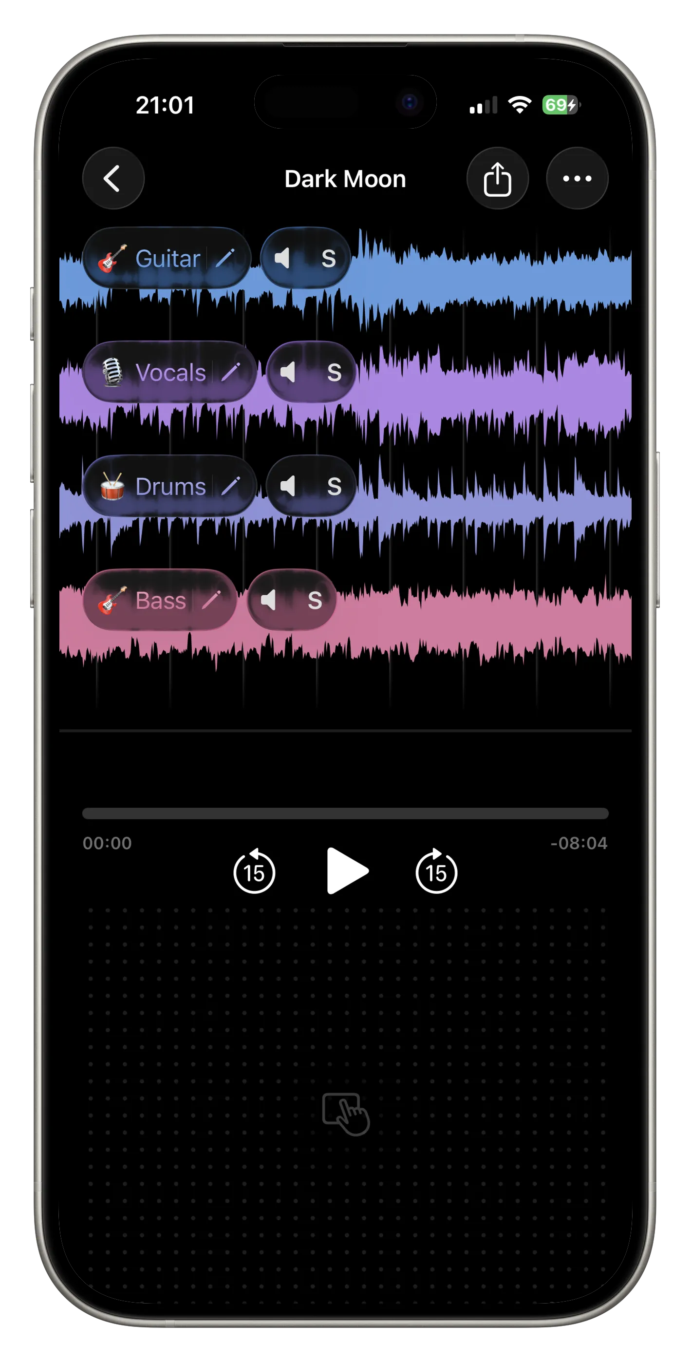PolyMic multi-track capture: separate per-instrument tracks recorded across multiple iPhones