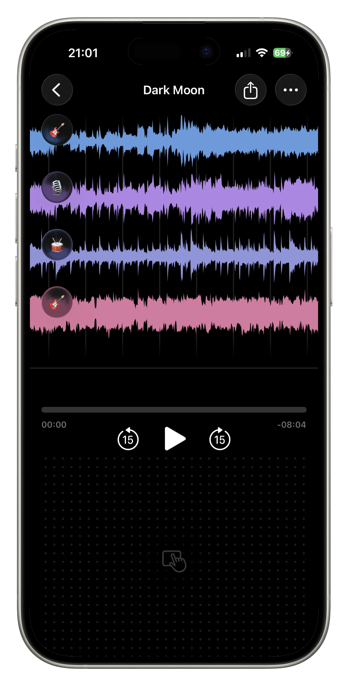 PolyMic multi-track recording app on iPhone, showing synchronized instrument tracks captured across multiple phones